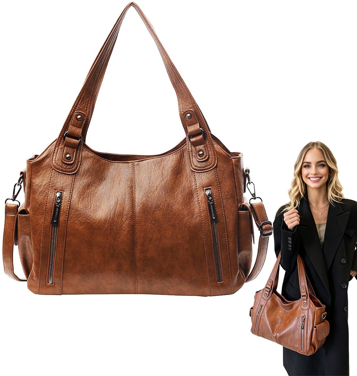 Handtas - Schoudertas Dames - Dames Handtas PU Leer – Grote Schoudertas – Tote Bag met Meerdere Vakken – Handtas, Schoudertas en Crossbody – 40 × 25 × 15 cm – Bruin
