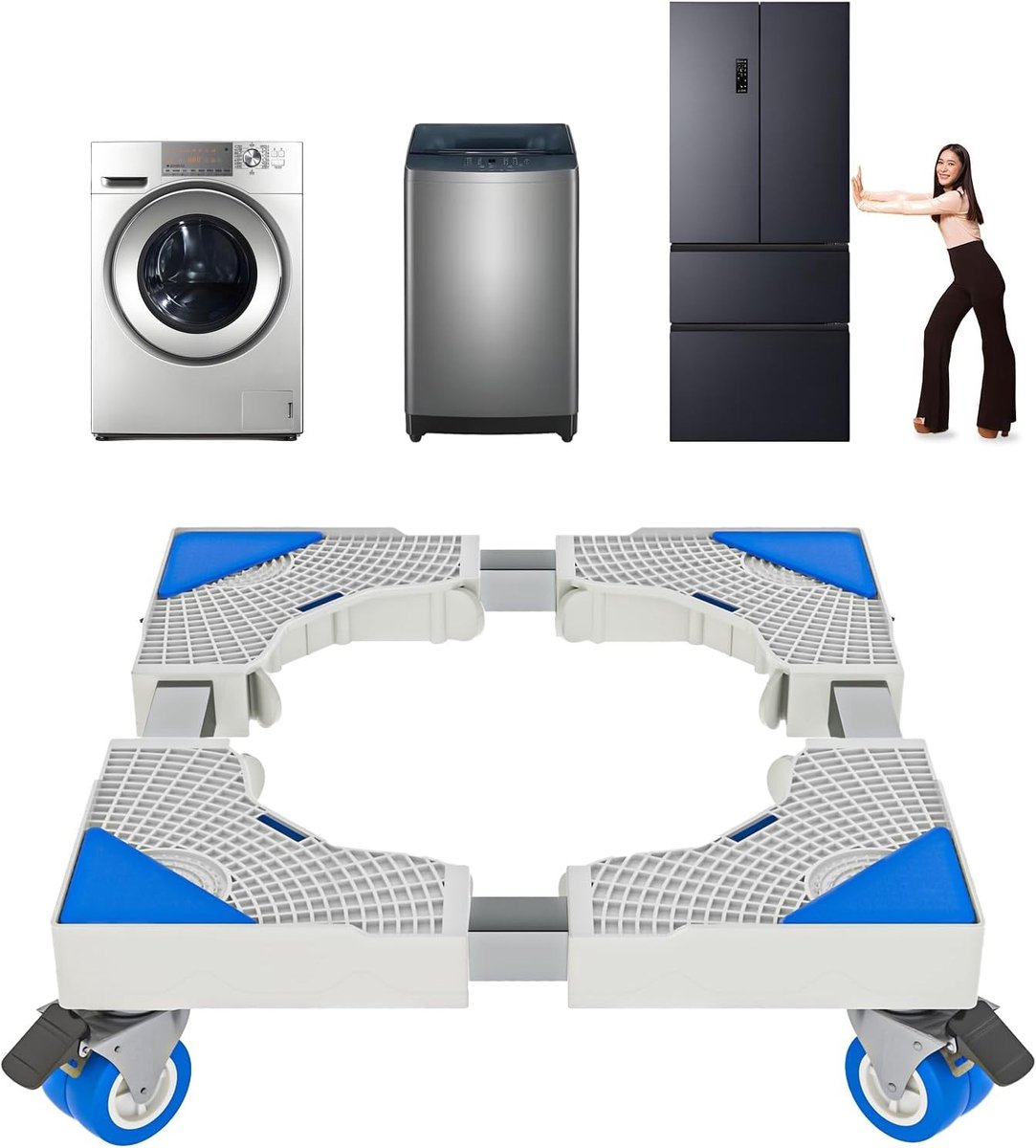 Wasmachine verhoger - Verstelbaar 41-65 cm - PP en roestvrij staal - Met wielen en schokdemping - Voor wasmachine en huishoudelijke apparaten