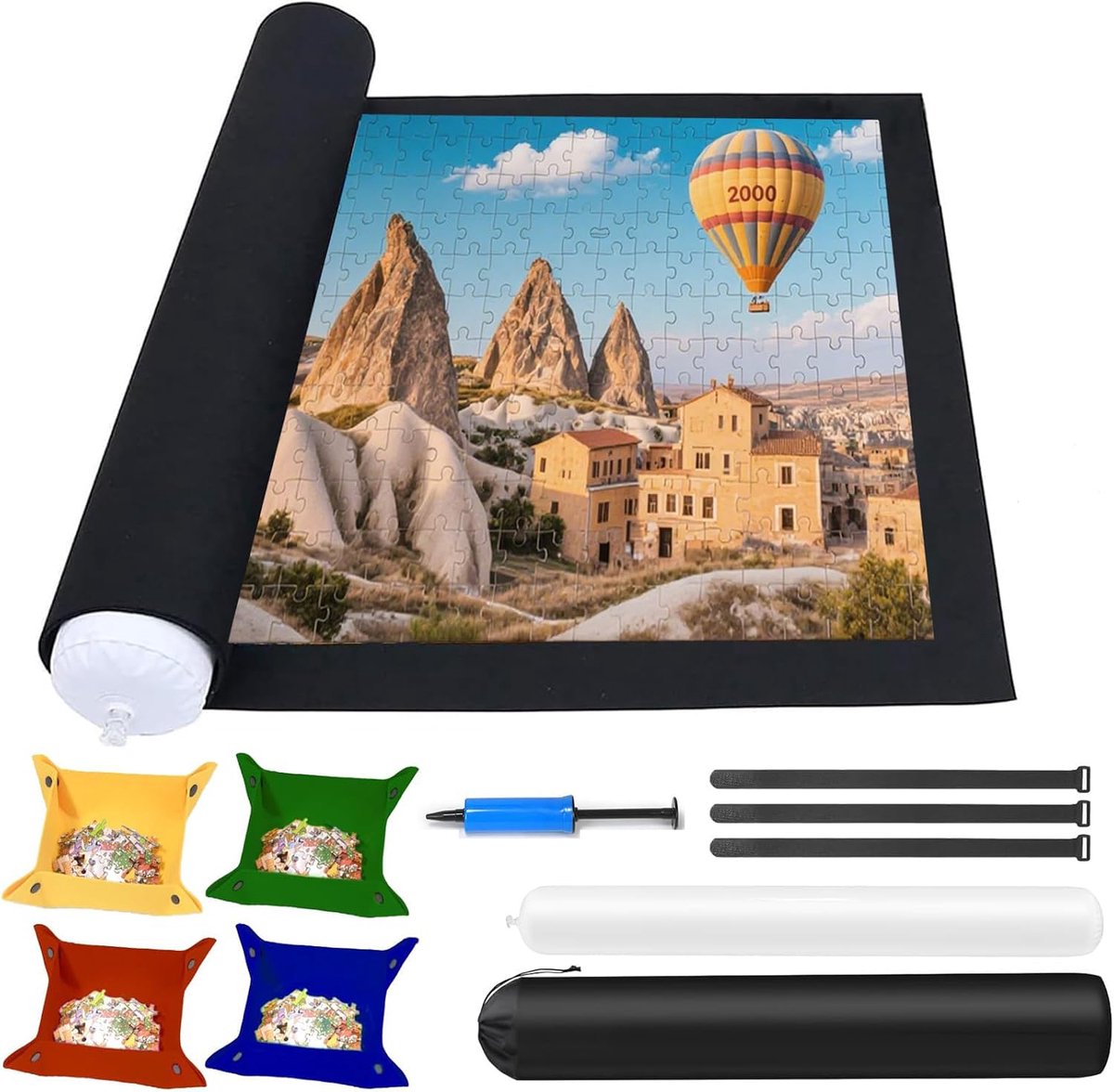 Puzzelmat Oprolbaar Met Opblaasbare Buis En 4 Sorteerbakken - Vilten Puzzelopbergdeken 116x60cm Inclusief Draagtas - Zwart