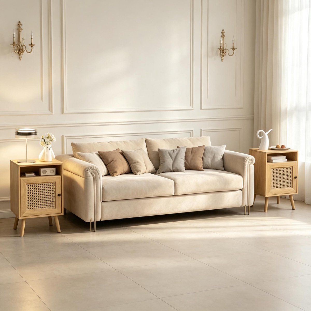 Clruro Nachtkastjes - 39 x 35 x 60 cm - Set van 2 - Rotan Deur - Spaanplaat en MDF - Naturel