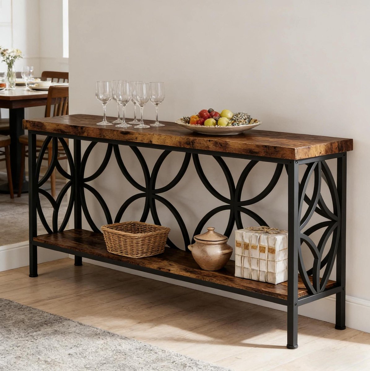 Wishdor Konsolentafel - Industrieel design - Met open opbergplank - Houtlook en metaal - Zwart en rustiek bruin - 160 x 30 x 80 cm - Voor hal en woonkamer