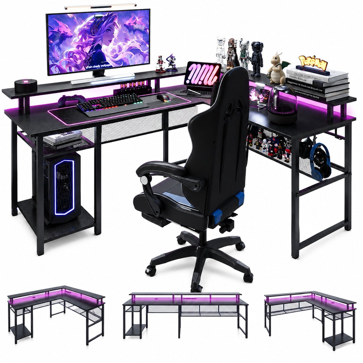ACEP Gaming bureau - Bureau - 136x118x75CM Verstelbaar - Bureautafel - Gaming - Incl LED - USB - Zwart - Computertafel