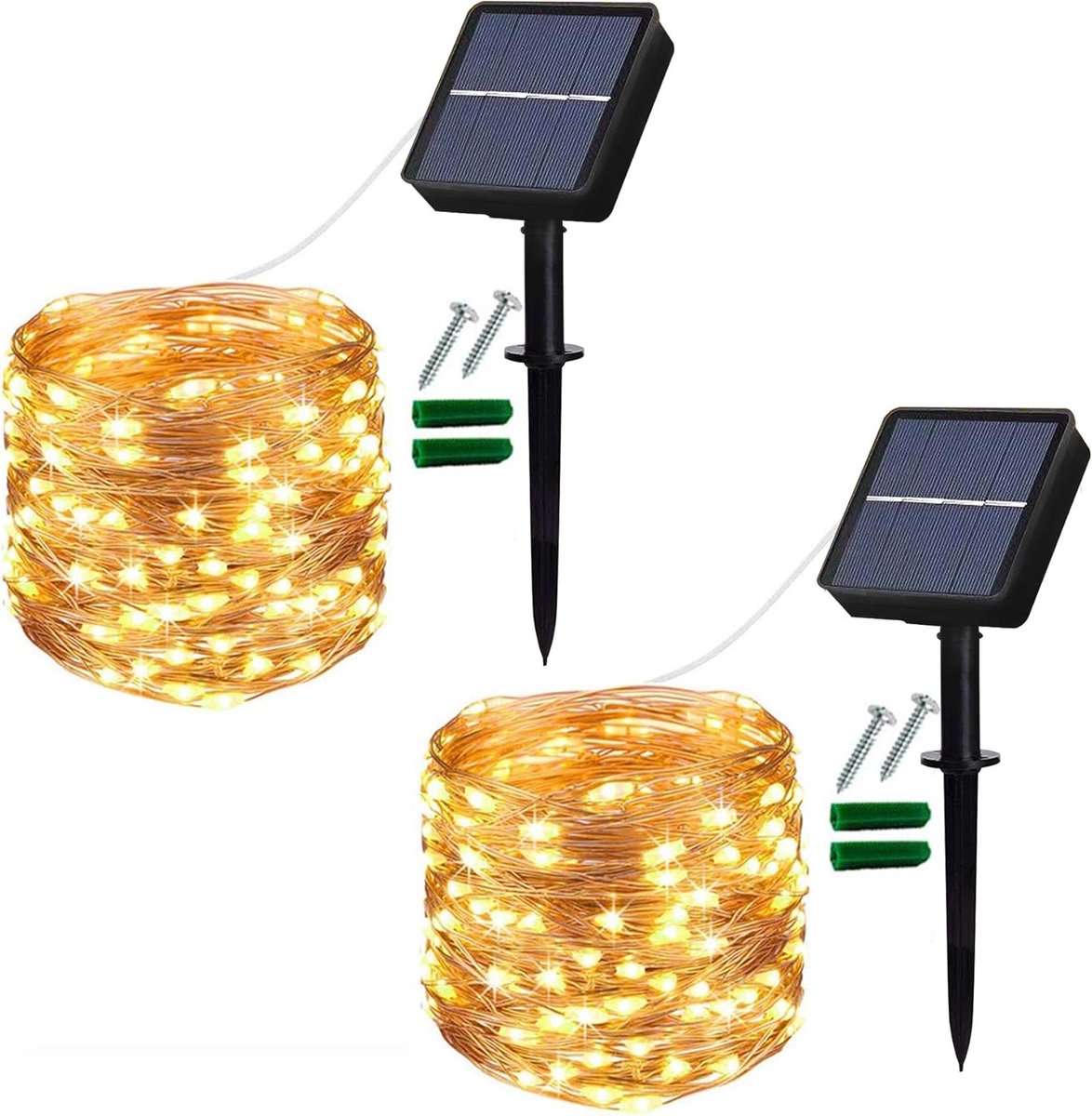 Augone Lichtsnoer op zonne-energie, voor buiten, 2 stuks, 12 m, 120 leds, waterdicht, koperdraad, 8 modi, decoratie - ShopVlot