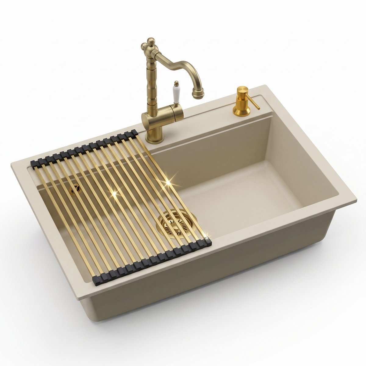 Inbouw granieten spoelbak Gurari SQQ103-113W – Crème Goud „Design”, retro spoelbak, incl. sifon, 795 × 505 mm+Vintage Keukenkraan, TAP 2473-311, Messing + Oprolbare Afdruipmat, Siliconen + Roestvrij Staal, RM-2845-G