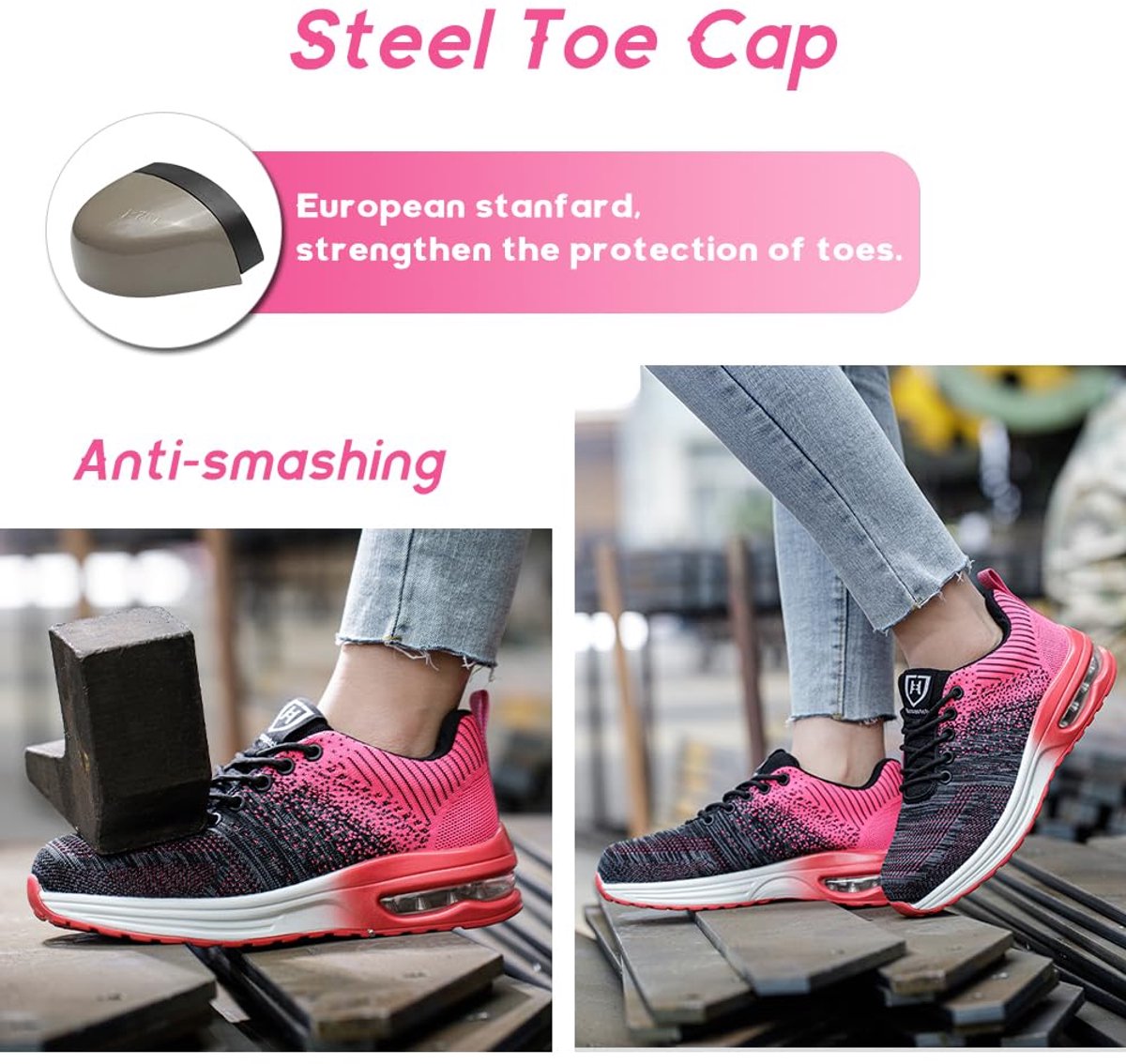 Veiligheidsschoenen Heren Werkschoenen Dames Lichtgewicht Stalen Neus Schoenen Beschermende Schoenen Sneaker Roze EU 35 - ShopVlot
