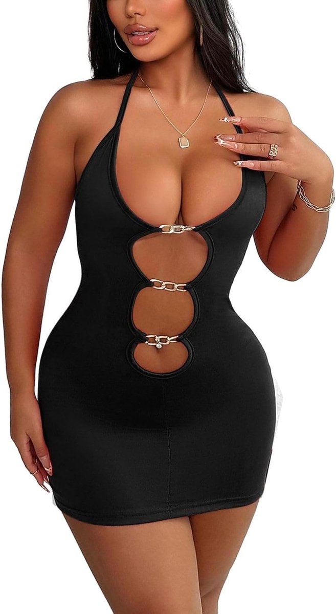 ROSVAJFY Women's Sexy Bodycon Cut Out with Metal Chain Mini Dress Slim Fit Elegant Backless Party Clubwear Summer - ShopVlot