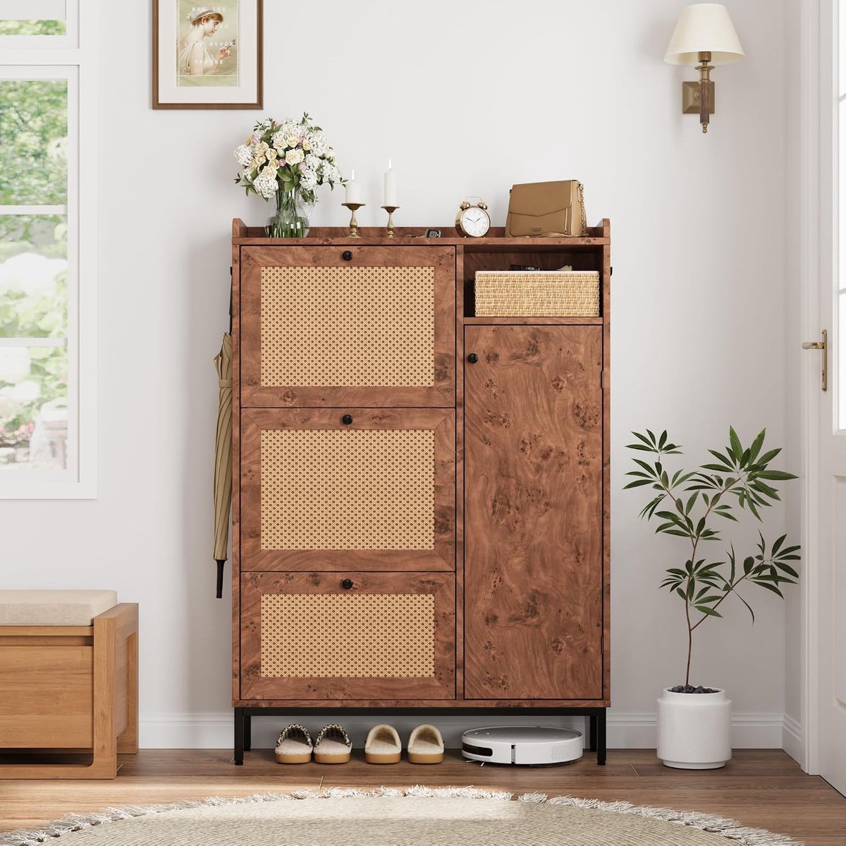 Schoenenkast met 3 klaplades, vrijstaande schoenen organizer met 4 vakken, verstelbare plank en rotan deuren, smalle schoenenkast voor entree, kast of hal