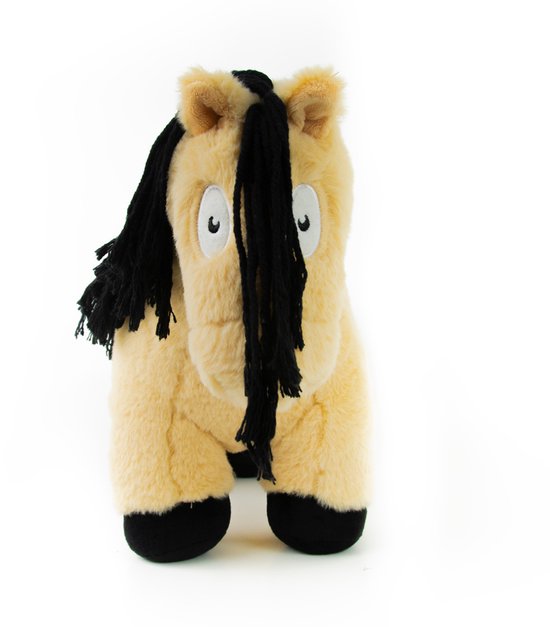 Zacht pluche veulen met beige vacht, zwarte manen en grote witte ogen.