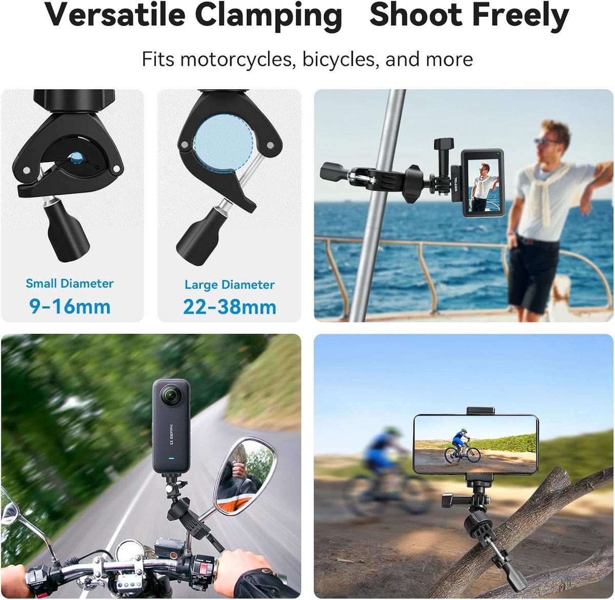 Fiets/Motor Handlebar Mount, 360° draaibare camera, achteruitkijkspiegelklem voor fiets, motorfiets, GoPro Max, Hero 12, 11, 10, 9, 8, Insta360, DJI Action accessoires thumbnail 5