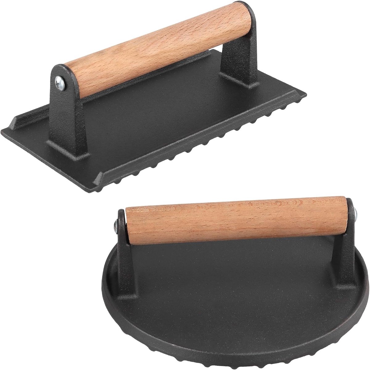 Burgerpers van gietijzer, 2 stuks, rond en rechthoekig, met houten handvat voor grillpan - ShopVlot