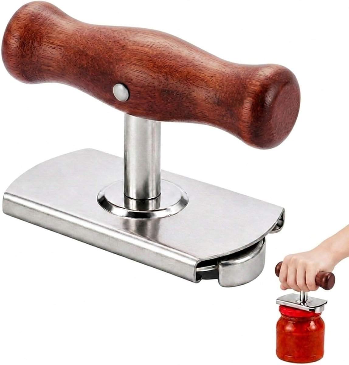 Gemakkelijk te gebruiken potopener, verstelbaar voor senioren en mensen met zwakke handen, 2,5-10 cm roestvrijstalen blikopener met houten handvat voor potten, flessen en schroefdeksels.