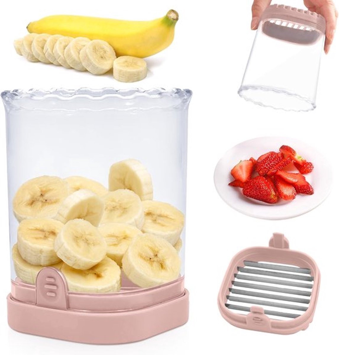Aardbeiensnijder - Snel en handig snijgereedschap - Geschikt voor aardbeien - bananen - druiven en eieren - Draagbaar keukenhulpmiddel - Roze - 10x7.5x9cm