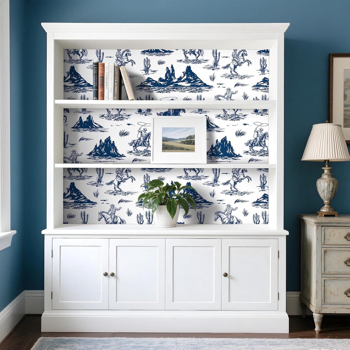 LaCheery Blue White Wallpaper Self-Adhesive for Children's Room with Western Cowboy Adhesive Film Wall Washable 44.5 - ShopVlot