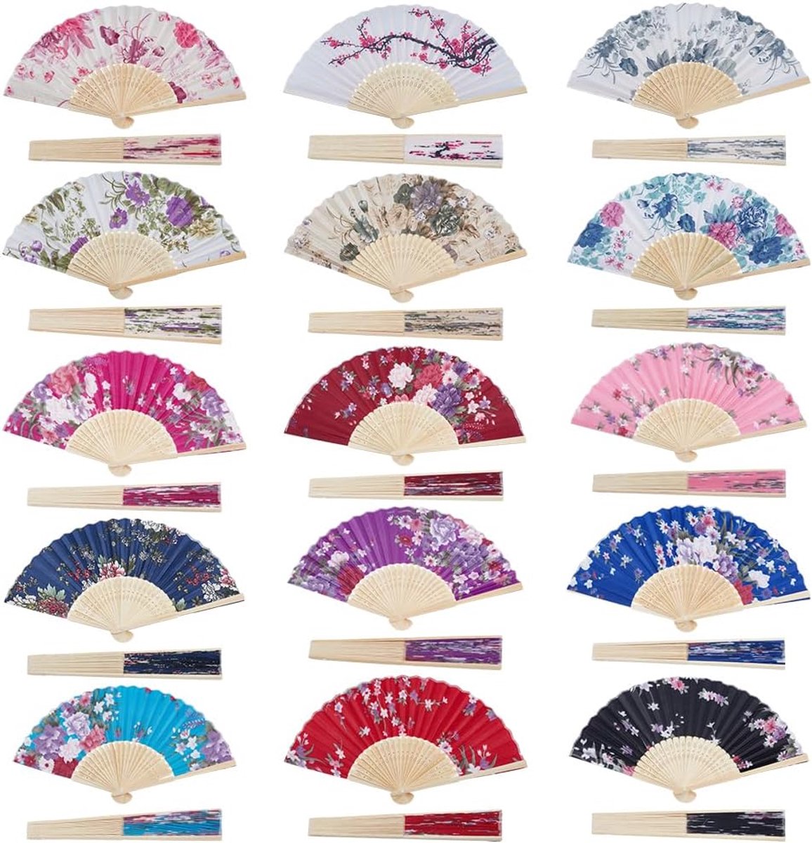 30 Folding Flower Fans Chinese Bamboo Fans 21cm Vintage Fabric Decorations for Dance Wedding Party Cosplay 15 Colours - ShopVlot