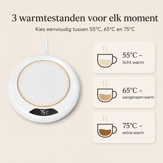Mok Warmer USB - Koffiekop Verwarmer voor Koffie en Thee - Elektrische Warmhoudplaat met 3 Temperatuurstanden - Beker Warmer voor Bureau en Thuis - Compacte Warmhoudonderzetter Ø11,2 cm - Wit — afbeelding 3