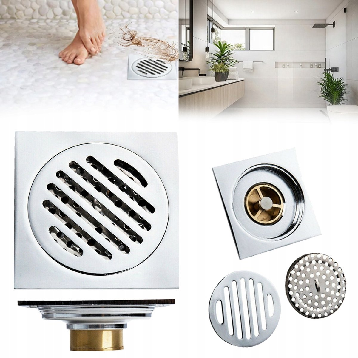 Vloerafvoer Badafvoer Voor Terrasdouche - Roestvrij Staal 100x100 mm 4 mm Dik Roestwerend Dubbel Filter Geurwerende Kern - Verticale Afvoer Voor Keuken Badkamer En Buiten