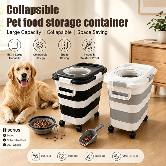 Zwart-witte en grijs-witte opvouwbare containers voor huisdiervoer met wielen, schep en kom. Gouden retriever in de achtergrond.