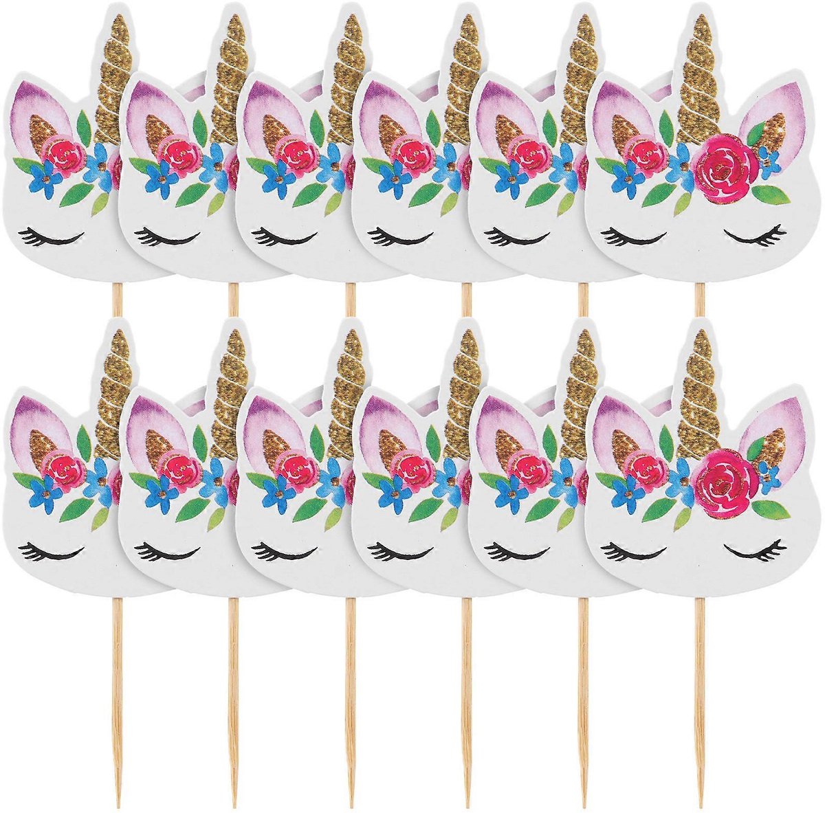24x eenhoorn cake prikkers - Taartprikkers - Unicorns - Cocktailprikkers - Hapjesprikkers eenhoorns - Paarden prikkers - Bloemen - Glitter - Jonyx