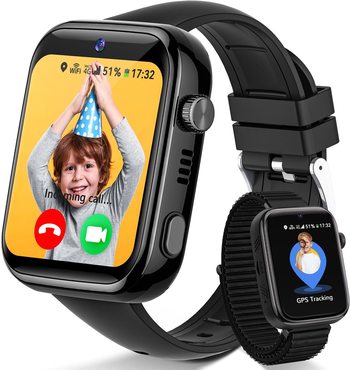 FOSMET 4G Smartwatch Kinderen - KidsWatch - Kinder Smartwatch - GPS Horloge Kind - SOS Knop - Tweeweg-gesprekken - GPS Horloge Kind - Kinderhorloge met Simkaart - Videobellen - Geschikt voor 4-12 Jaar - Jongen / Meisje - Zwart