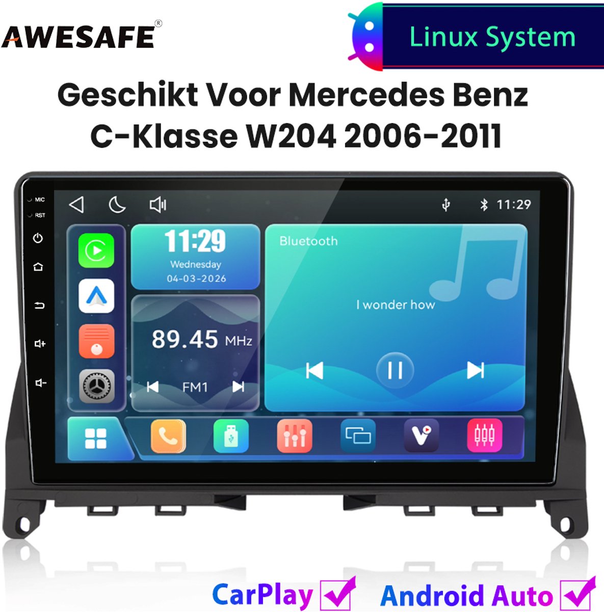Awesafe Autoradio - Geschikt Voor Mercedes Benz C-Klasse W204 2006 t/m 2011 - Draadloos Carplay Android Auto - Linux systeem - Touchscreen - Bluetooth Wifi - 2006 2007 2008 2009 2010 2011