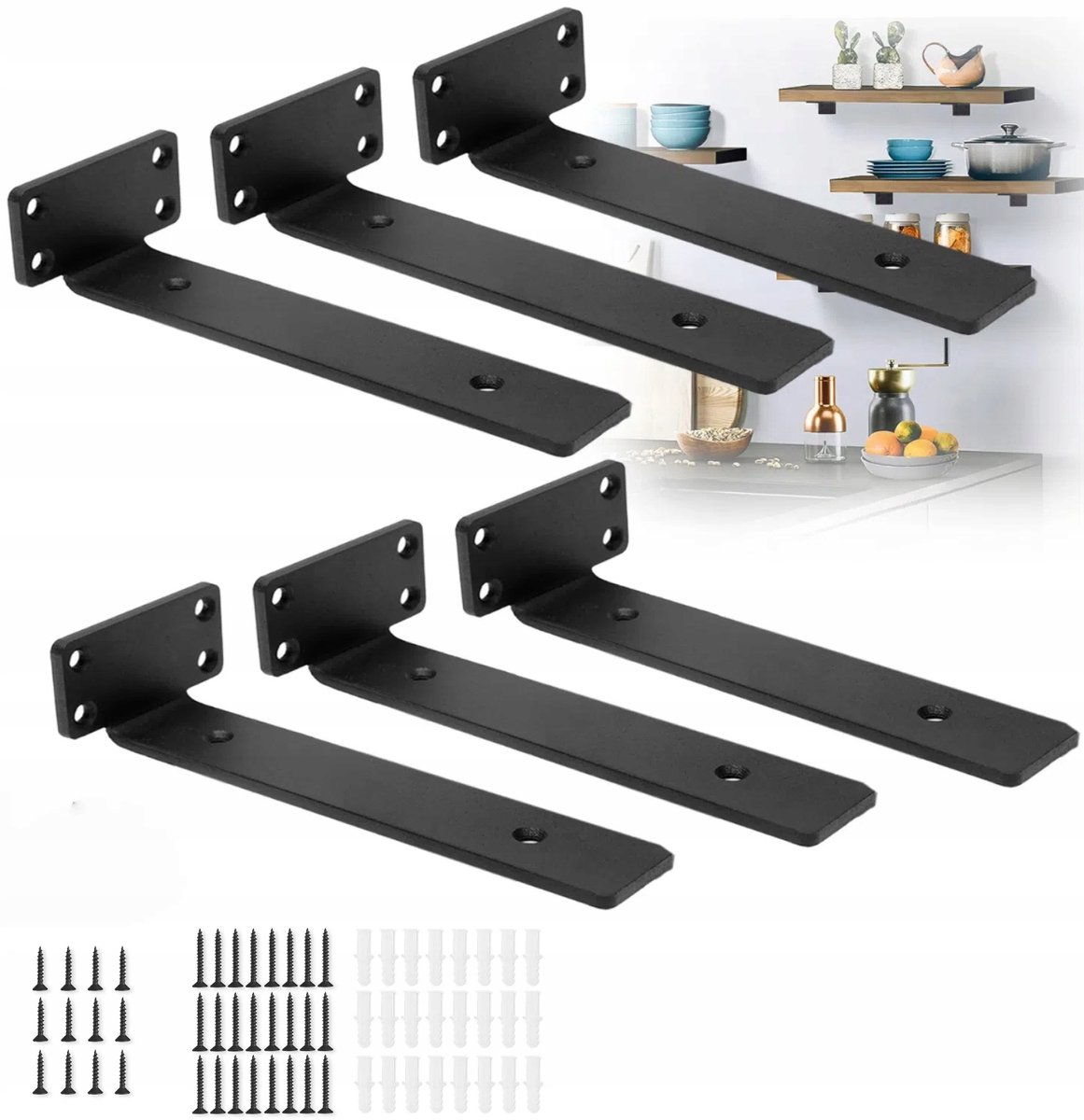 L-Steunen voor Houten Planken - Zwart 20cm (6 Stuks)