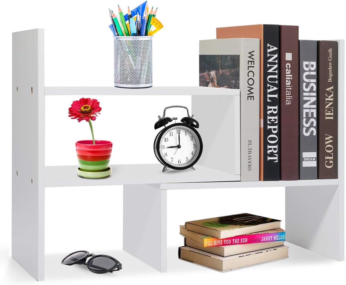 Famanu Houten bureauplank met kleine boekenplank, wit, verstelbare bureau-organizer en boekenkast