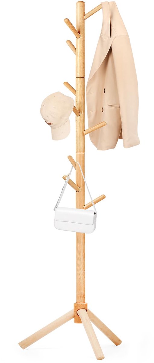 Famanu Kapstok van beukenhout, boomvormige garderobe met 9 haken, 3 hoogteverstellingen, vrijstaande jasstandaard voor kleding, hoeden en sjaals, natuurlijke kleur Naturel