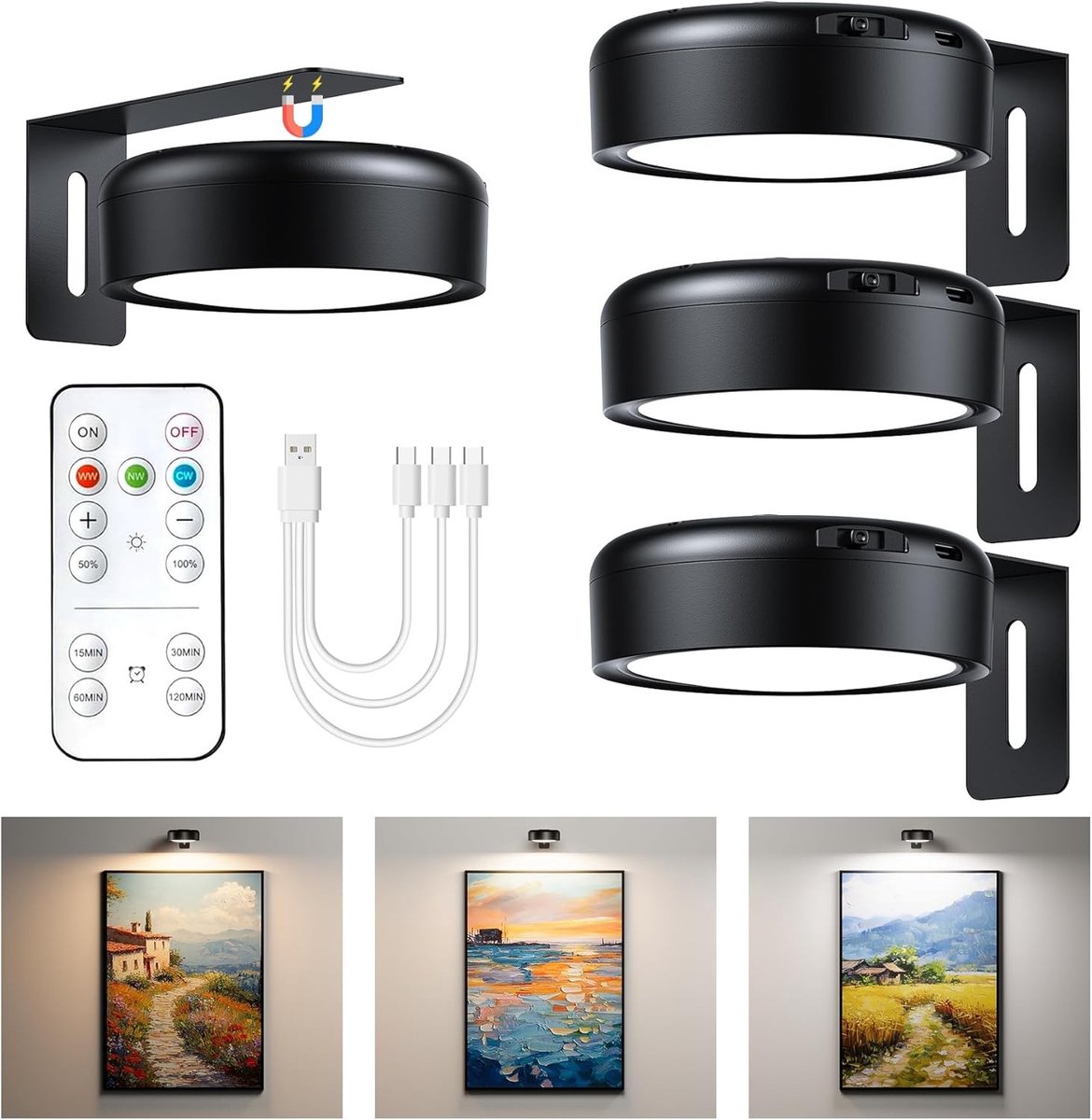Schilderijlampje draadloos - Zwart - Set van 3 - Oplaadbare LED Wandlampen met Afstandsbediening - Voor Fotolijsten en Kunstwerken
