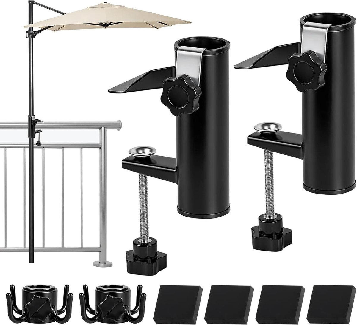 Parasolhouder - Zwart - 15,5 cm - Metalen Bevestiging met Antislipmatjes - Voor Balkon en Terras