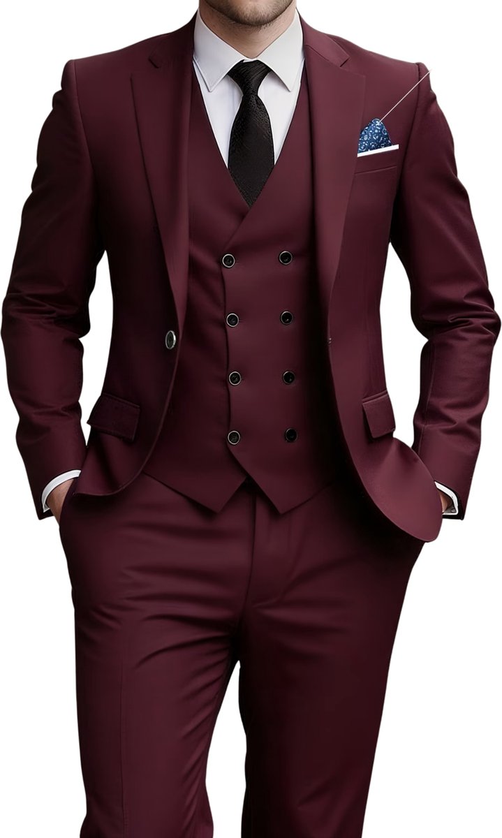 Currero 3 Delig Herenpak Met Overhemd Suit 2 Delig Tailored Fit Kostuum Business Pak Trouwpak Smoking Tuxedo Stijl Bruiloft Kantoor & Feest 1 Wijnrood