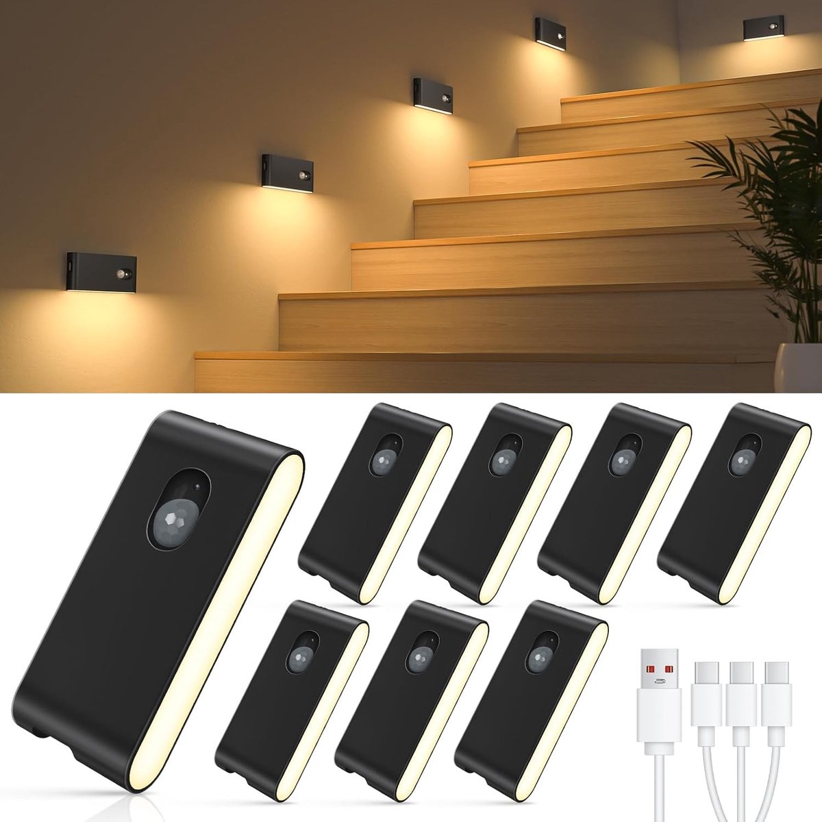 Sensor lampjes met bewegingsmelder - Zwart - 8-delige set - Oplaadbare Nachtlampjes met Warm Licht - Voor Trap en Gang