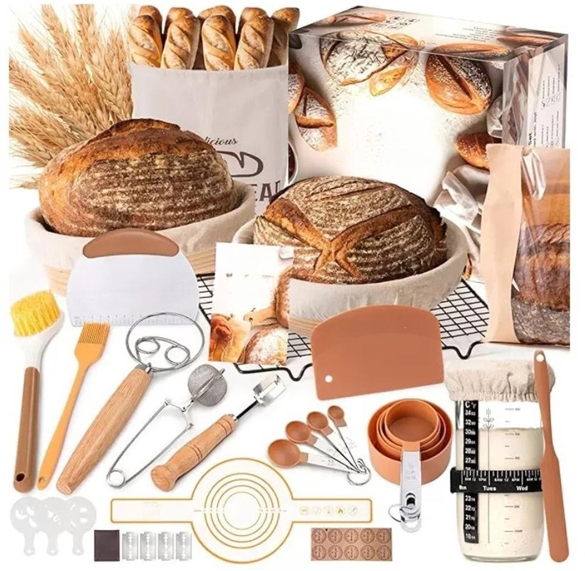 Startset voor brood bakken – Inclusief een rond rotan rijsmandje (23 cm), een glazen kom (800 ml) en een complete set accessoires voor het bakken van brood.
