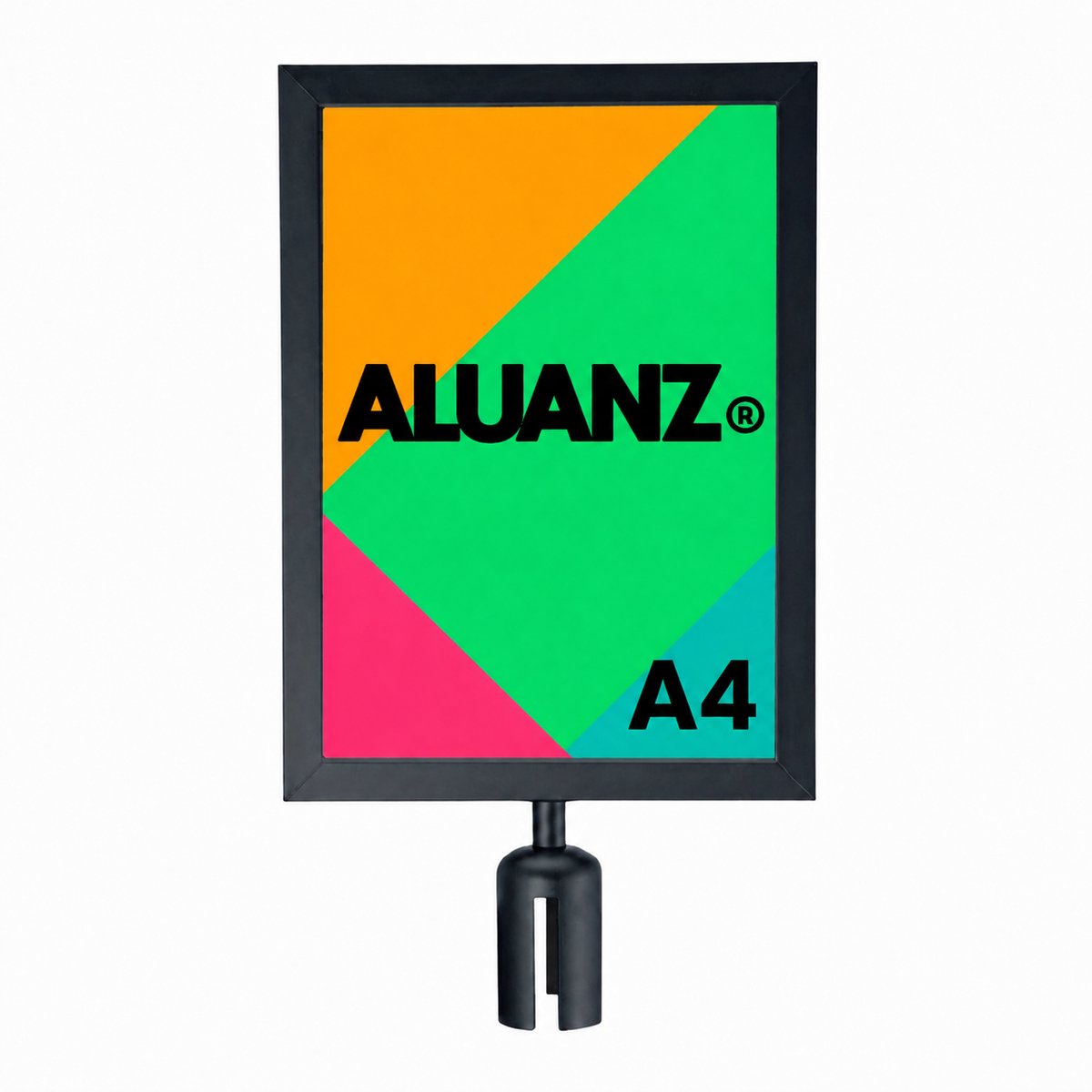 Aluanz A4 Posterframe Portret / Staand voor Afzetpaal met Uittreklint | Infobord / Insteekframe | Zwart Staal | Plexiglas