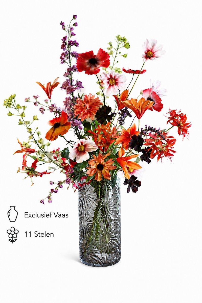 Bloemenjunkie Kunstbloemen - Zijden Bloemen Boeket - Nepbloemen - Kunstboeket - 75cm Hoog - Luxe & Onderhoudsvrij - Herfst - Dahlia oranje, groen, burgundy
