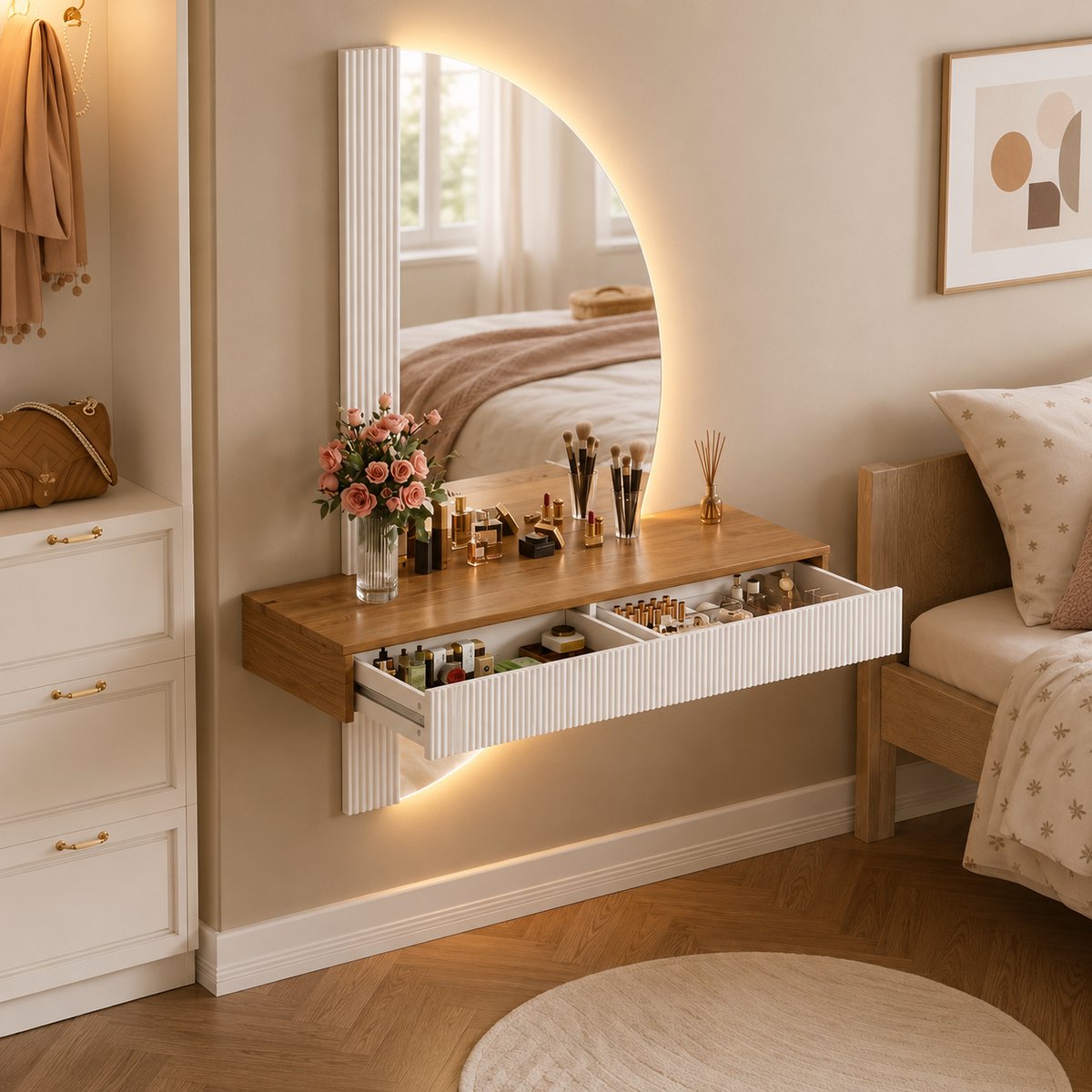Zwevende make-up tafel met halfronde spiegel, in hoogte verstelbaar, met 2 lades, wandgemonteerd, houtkleur en wit