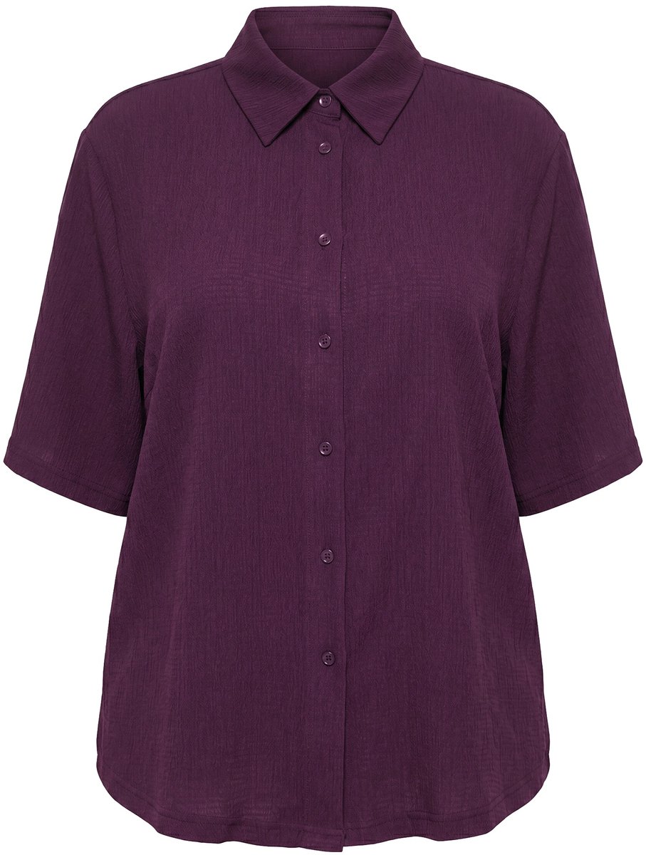 Ulla Popken - Dames - Blouse structuur overhemdkraag korte mouw - Donkerpruim - Maat 62+