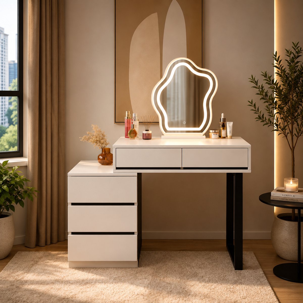 Kaptafel met spiegel en 5 lades, modern wit