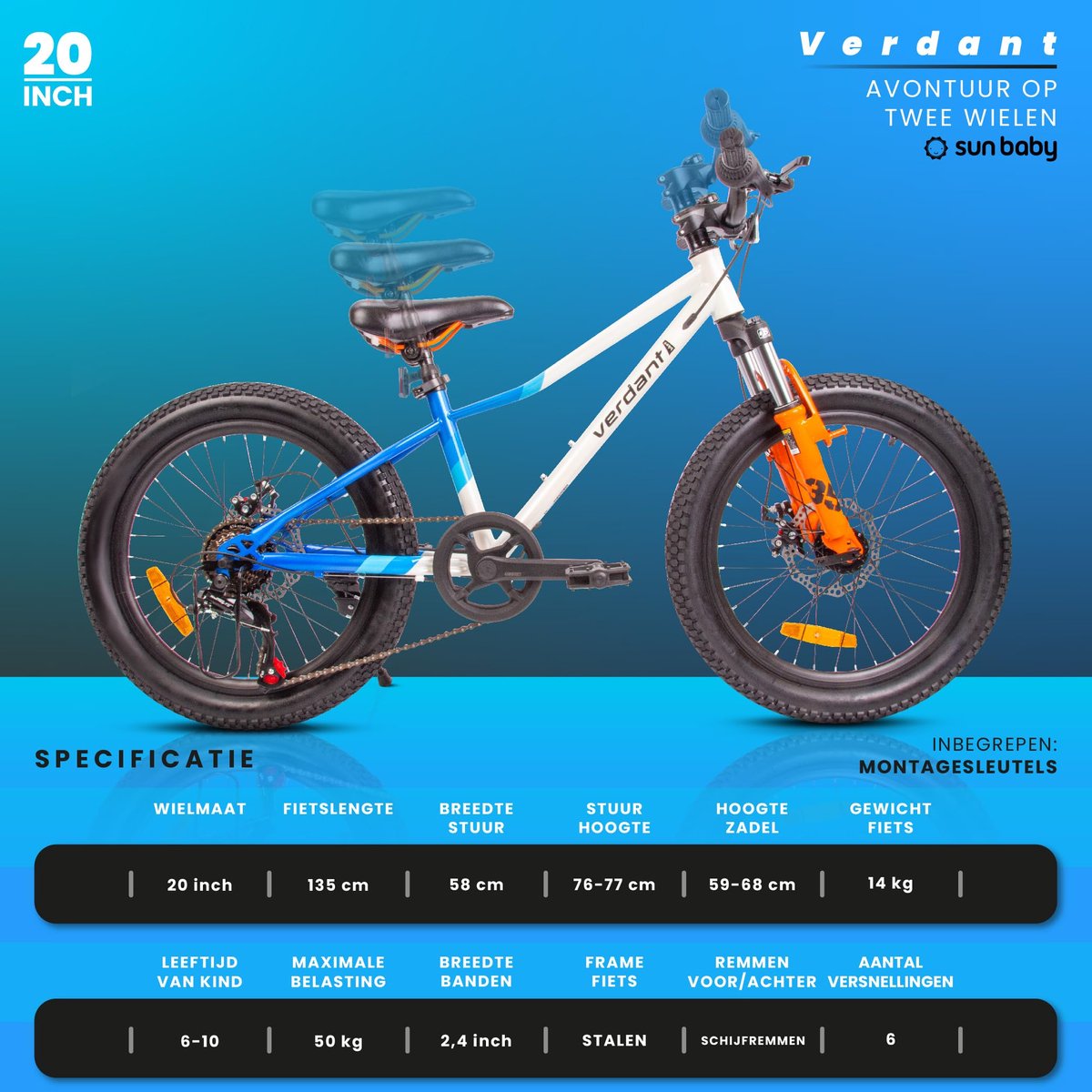 SUN BABY Verdant Bike jongensfiets 20" - Wit-Blauw-Oranje - ShopVlot