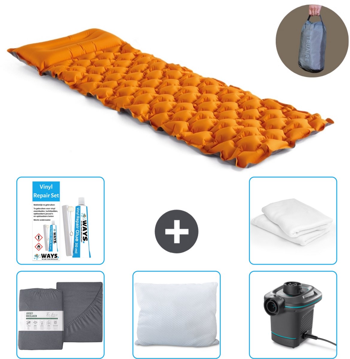 Intex Campingmat - 1-Persoons - 71 x 191 x 11 cm - Oranje - Inclusief Hoeslaken - Kussen - Pomp - Reparatieset en Kussenbeschermer