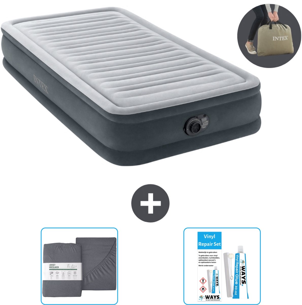Intex Luchtbed - 1 Persoons - 99 x 191 x 33 cm - Grijs - Inclusief pomp - Hoeslaken en Reparatieset
