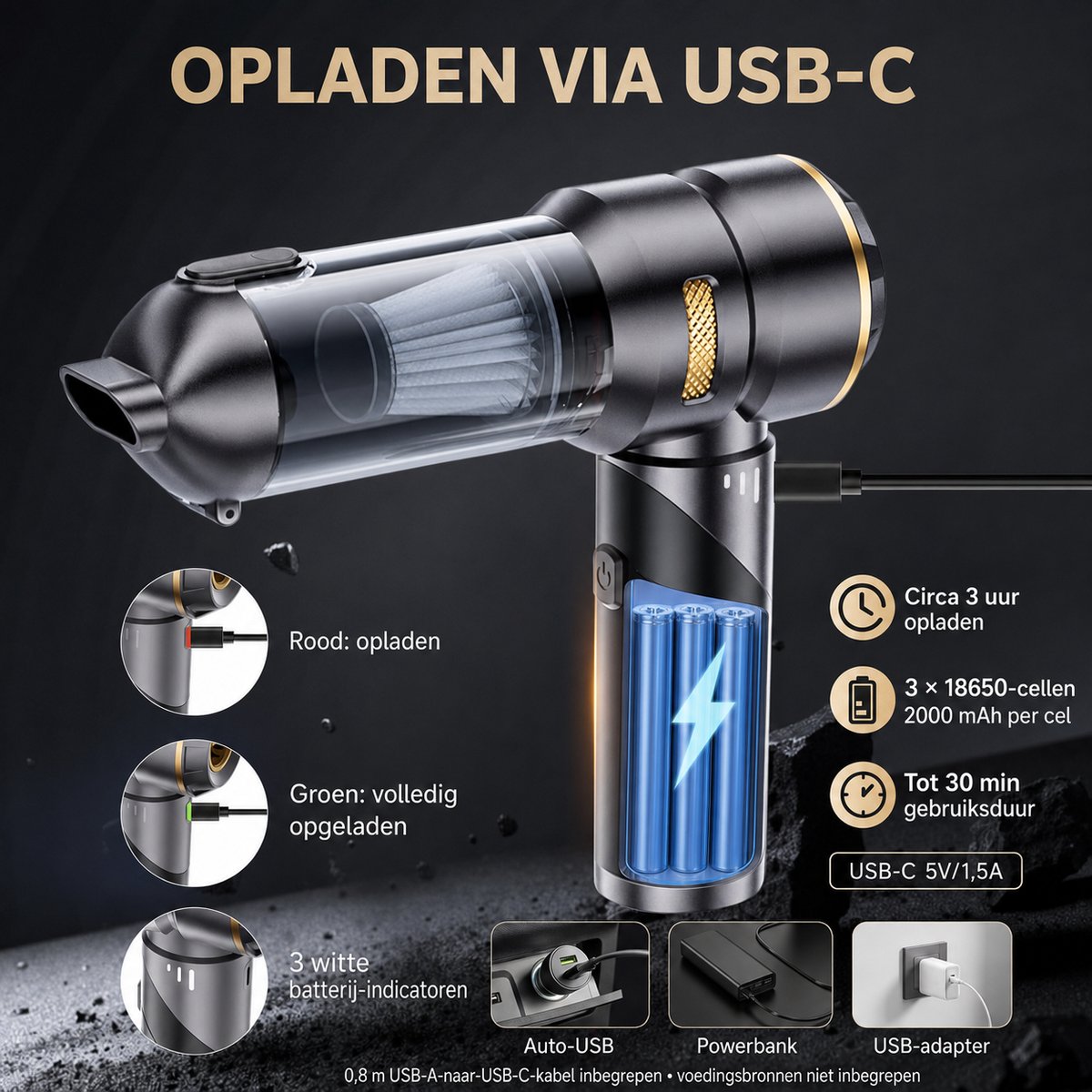 Yiwu Draadloze 4-in-1 Auto Stofzuiger met Blaasfunctie - afbeelding 2