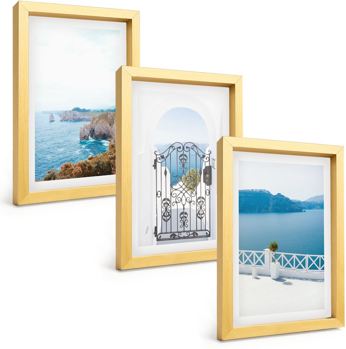 TULUP 4-Delige Schilderij Set - Zeezicht met Griekse architectuur - 20 x 30 cm - Muurdecoratie - Decoratieve Schilderijen - Wohnzimmer - Interieur Decoratie Gouden lijst