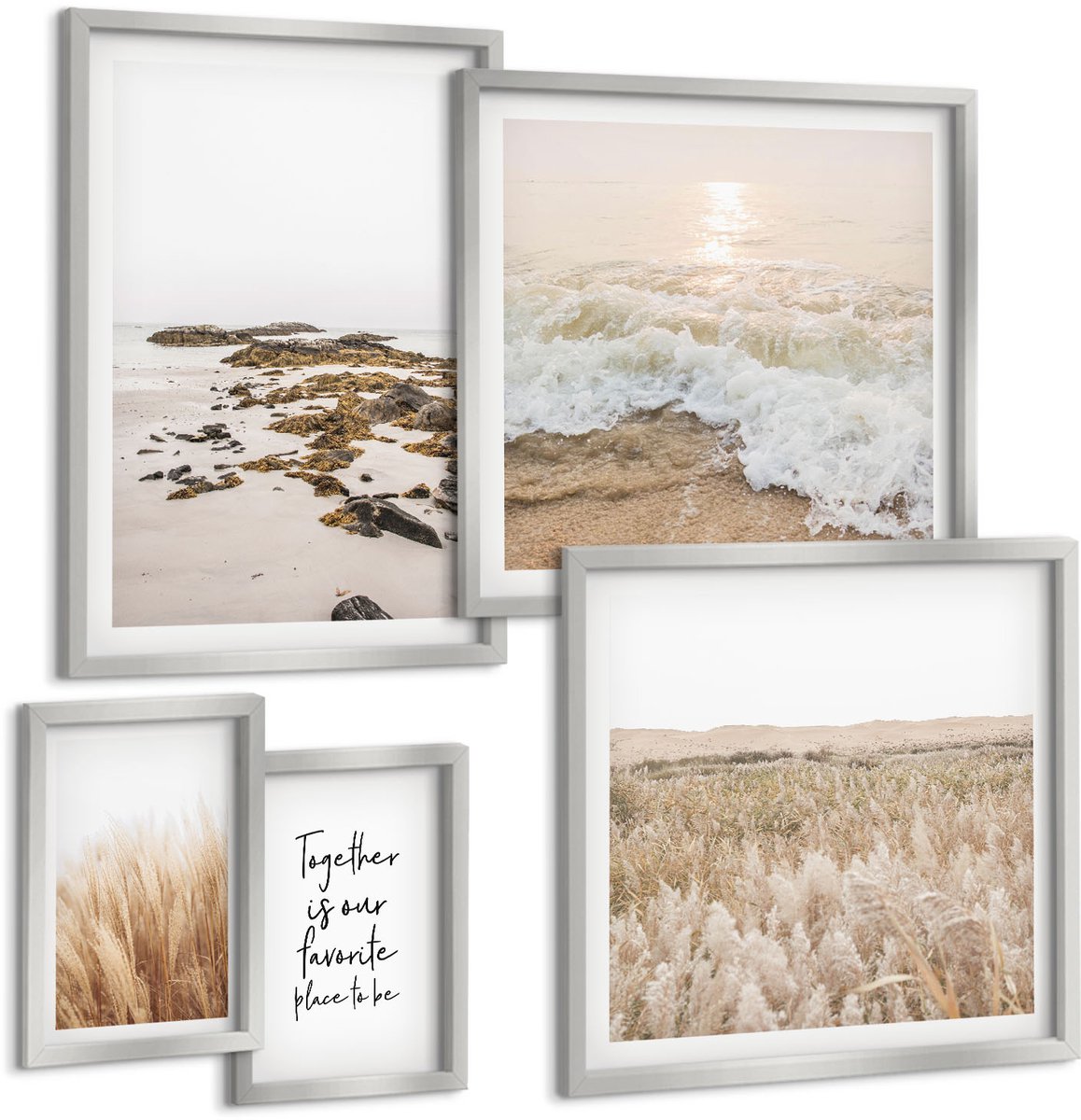TULUP 4-Delige Schilderij Set - Natuurlijke strandlandschappen met natuurthema en citaat - 50 x 50 cm, 20 x 30 cm en 40 x 60 cm - Muurdecoratie - Decoratieve Schilderijen - Wohnzimmer Zilveren lijst