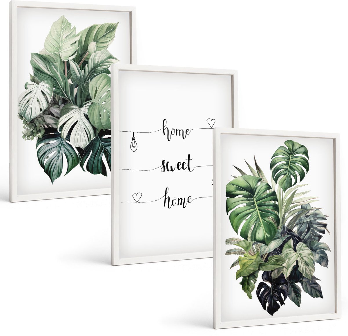 Tulup 3-Delige Schilderij Set - Aquarel Monstera verlaat het fijne thuis - 40x60 - Schilderijen Set - Wanddecoratie - Woonkamer - Decoratieve Schilderijen