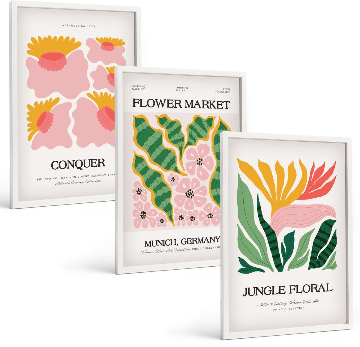 Tulup 3-Delige Schilderij Set - Bloemen en bladeren in moderne stijl op posters - 40x60 - Muurdecoratie - Decoratieve Schilderijen - Wohnzimmer