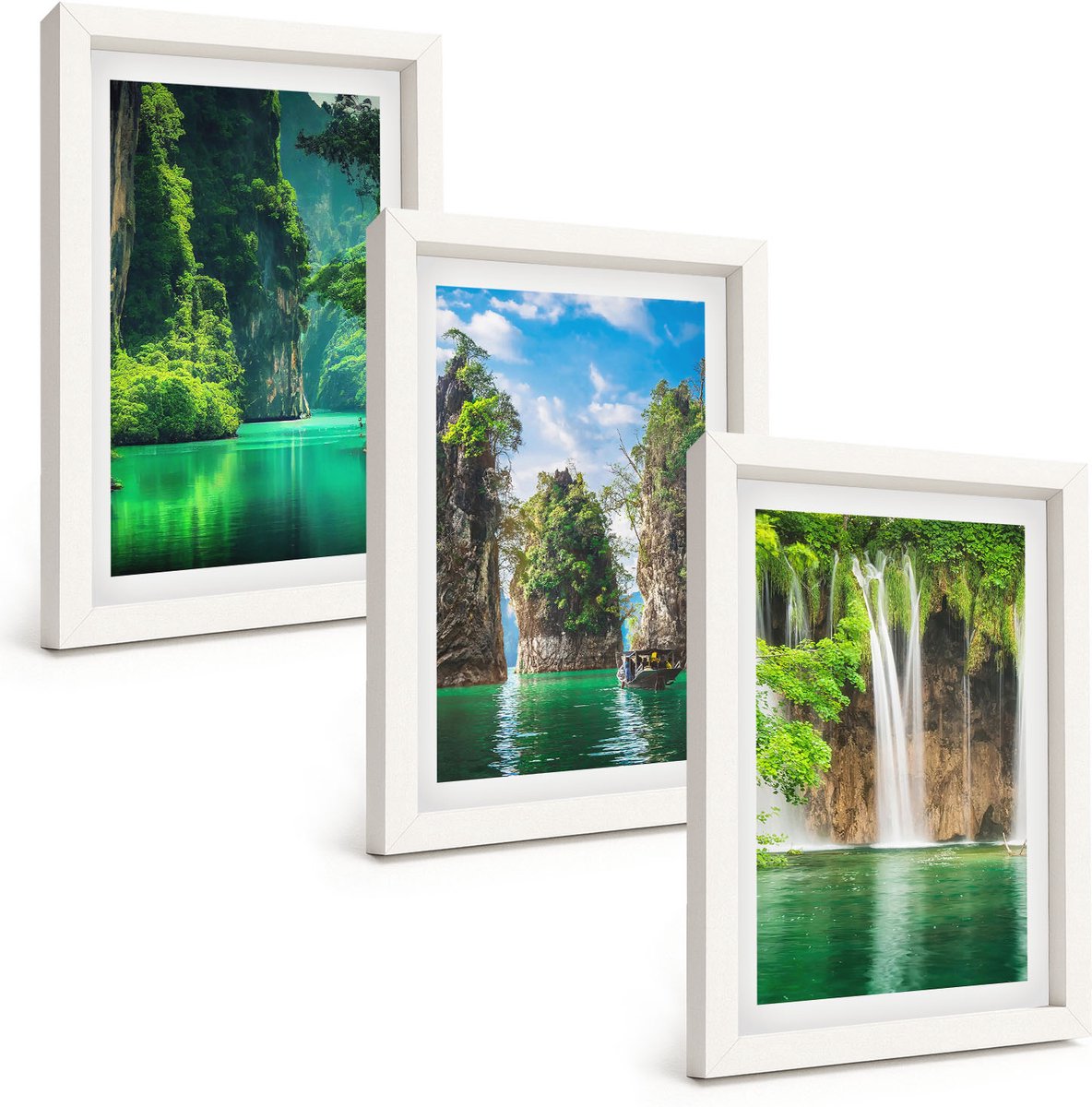 Tulup 3-Delige Schilderij Set - Groene landschappen met watervallen en rotsen - 20x30 - Muurdecoratie - Decoratieve Schilderijen - Wohnzimmer