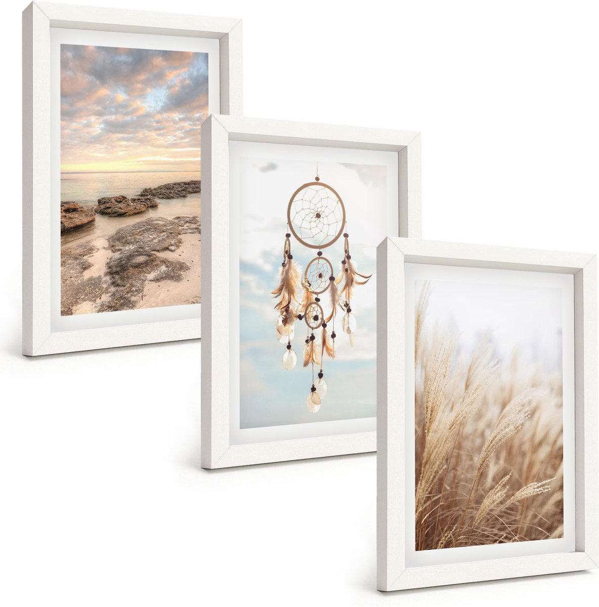 Tulup 3-Delige Schilderij Set - Zeezicht met wolken, dromenvanger en gras - 20x30 - Muurdecoratie - Decoratieve Schilderijen - Wohnzimmer - Interieur Decoratie