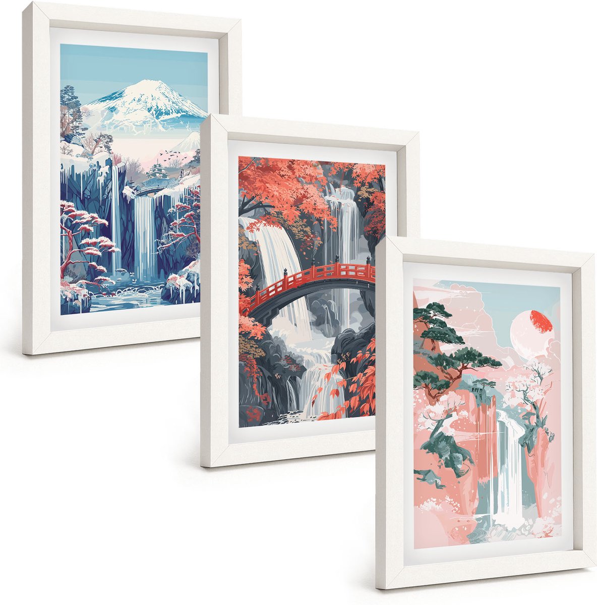 Tulup 3-Delige Schilderij Set - Watervallen, bergen met een brug en bloeiende bomen - 20x30 - Muurdecoratie - Decoratieve Schilderijen - Wohnzimmer - Interieur Decoratie