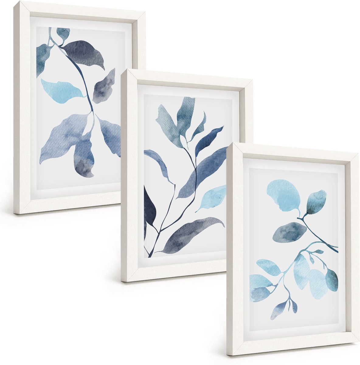 Tulup 3-Delige Schilderij Set - Blauwe bladeren op een lichte achtergrond in aquarelstijl - 20x30 - Stijlvolle Wanddecoratie - Interieur - Stijlvolle Muurdecoratie