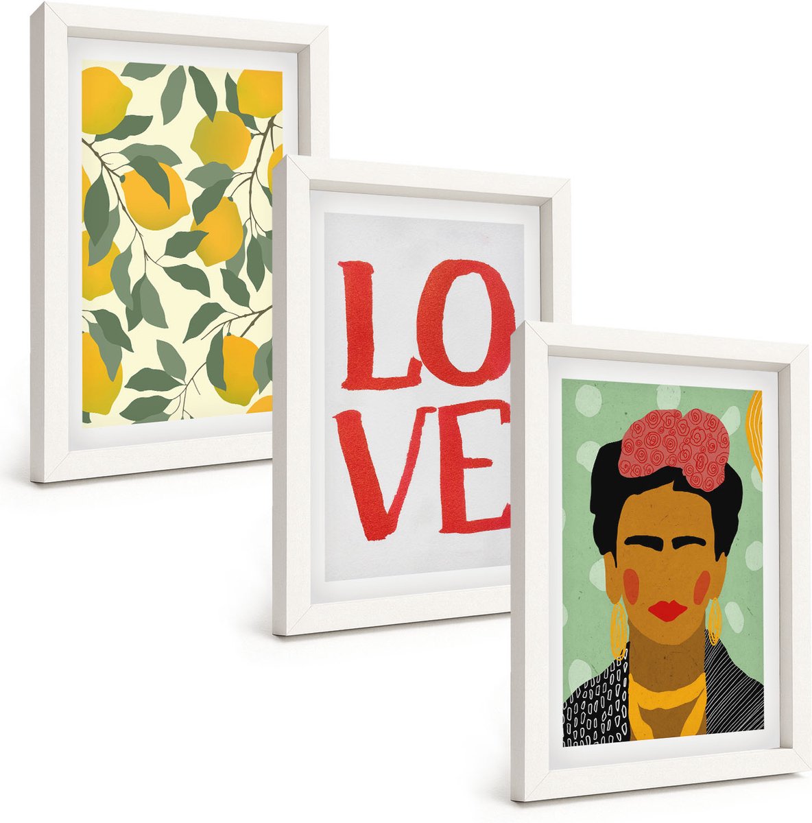 Tulup 3-Delige Schilderij Set - Citroenen Liefde Lettering Geschilderd Portret van Frida Kahlo - 20x30 - Stijlvolle Wanddecoratie - Interieur - Moderne Wanddecoratie